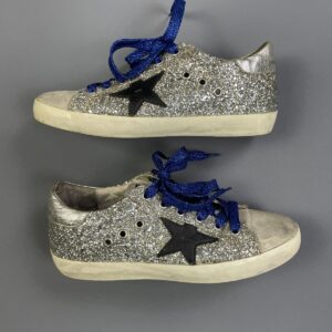 Photo detail:*AS IS*  SUPERSTAR LEATHER GLITTER LOW-TOP SNEAKERS METALLIC BLUE GLITTER LACES