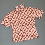 NICE! TRI-TONE TRELLIS DESIGN SHORT SLEEVE BUTTON DOWN DOUBLE KNIT SHIRT EXTENDED DAGGER COLLAR