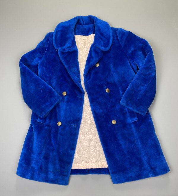 INSANE!!! 1960S FUZZY GROVER BLUE PEACOAT SATIN QUILTED LINING, GOLD CREST BUTTONS