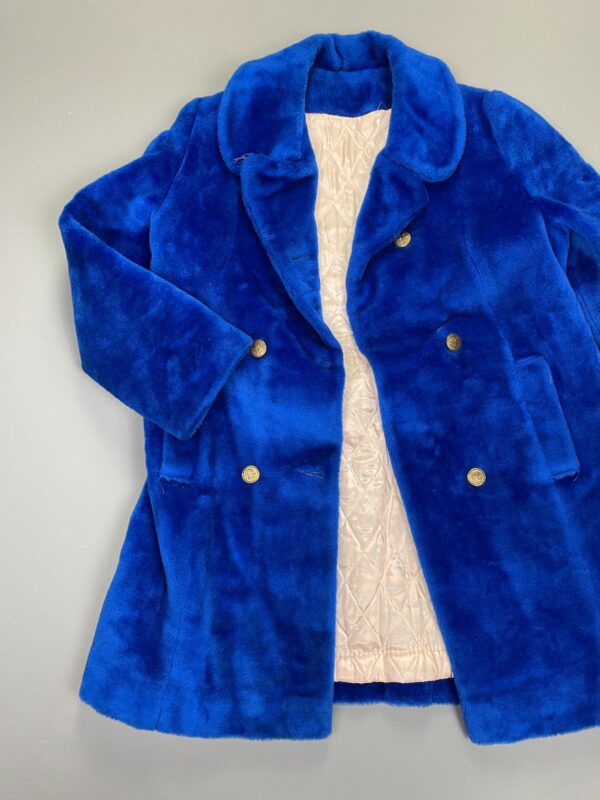 INSANE!!! 1960S FUZZY GROVER BLUE PEACOAT SATIN QUILTED LINING, GOLD CREST BUTTONS