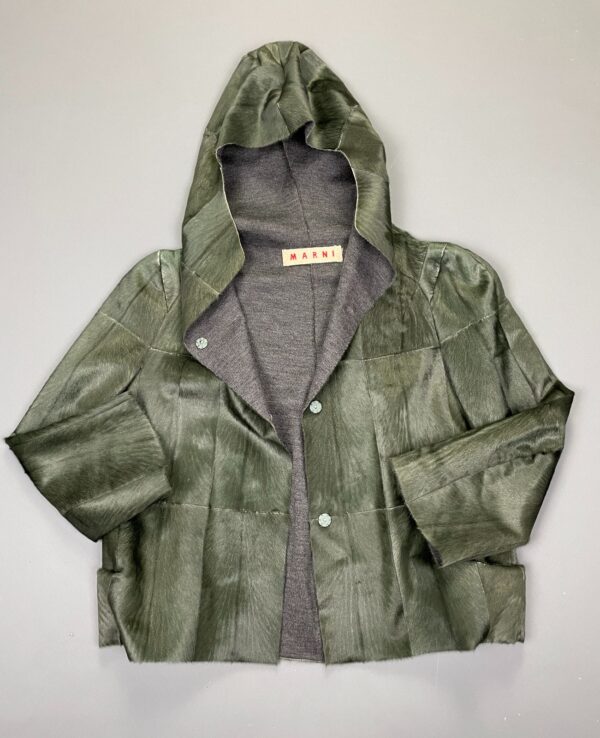 UNIQUE! HOODED GREEN PATCHWORK PONY HAIR LEATHER JACKET