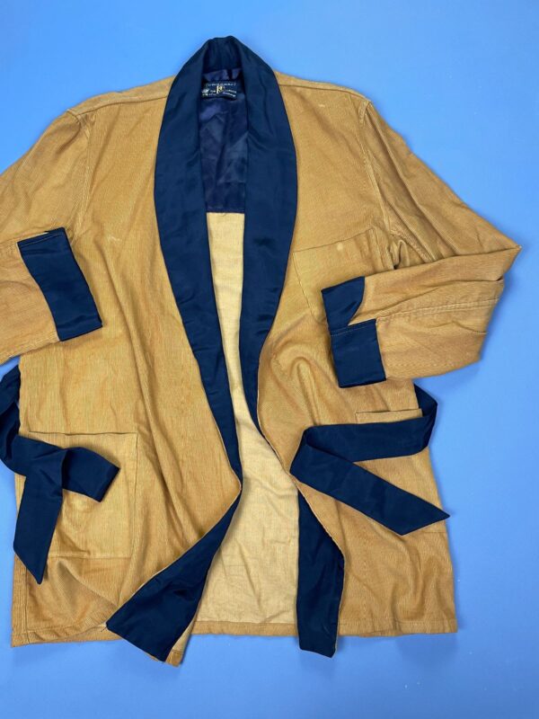 SUPER COOL 1950S-60S DEADSTOCK CORDUROY BELTED SMOKING JACKET SATIN LAPELS