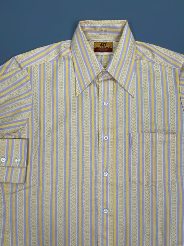 GORGEOUS 1970S WOVEN GEOMETRIC VERTICAL STRIPED DESIGN LONG SLEEVE BUTTON DOWN DRESS SHIRT