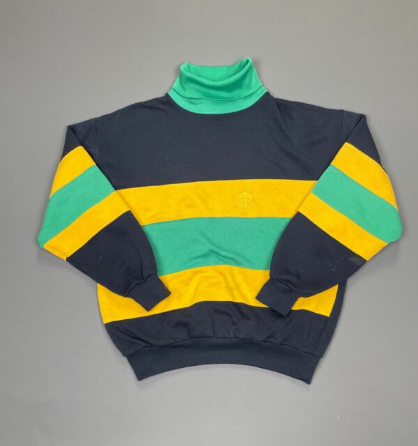 *AS-IS* 1980S-90S STRIPED COLOR BLOCK TURTLENECK SWEATSHIRT EMBROIDERED LOGO