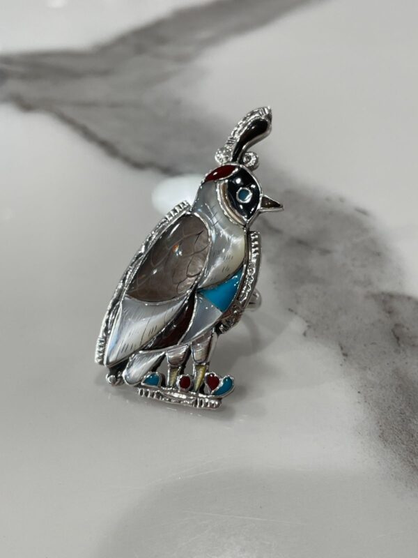 BEAUTIFUL 925 STERLING SILVER QUAIL RING CARVED MOTHER OF PEARL, TURQUOISE, CORAL, ONYX