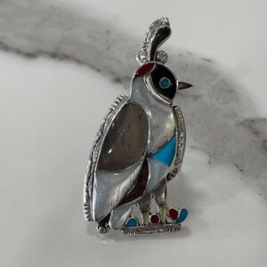 Photo detail:BEAUTIFUL 925 STERLING SILVER QUAIL RING CARVED MOTHER OF PEARL, TURQUOISE, CORAL, ONYX