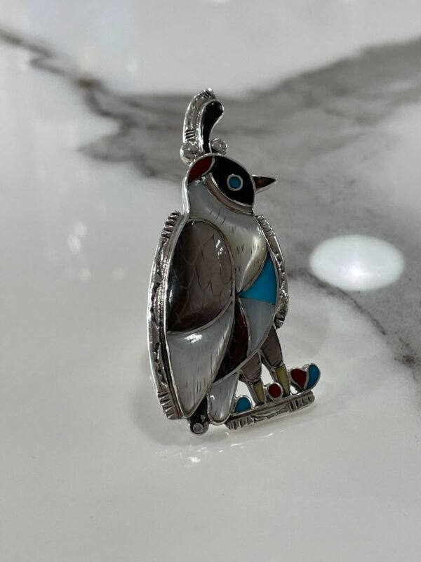 BEAUTIFUL 925 STERLING SILVER QUAIL RING CARVED MOTHER OF PEARL, TURQUOISE, CORAL, ONYX