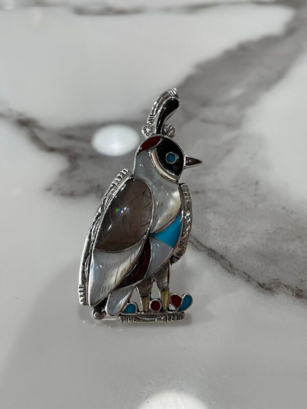 BEAUTIFUL 925 STERLING SILVER QUAIL RING CARVED MOTHER OF PEARL, TURQUOISE, CORAL, ONYX