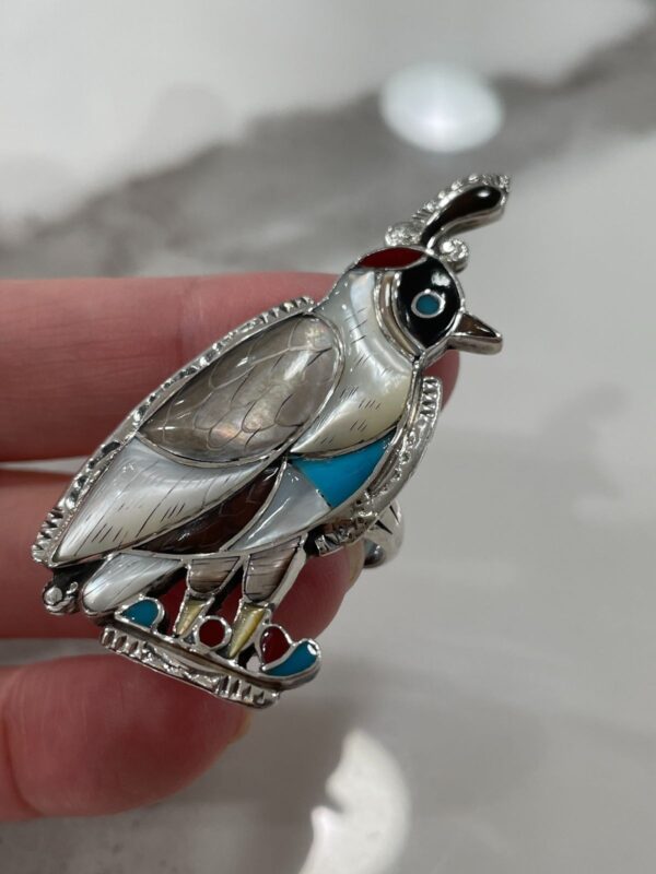 BEAUTIFUL 925 STERLING SILVER QUAIL RING CARVED MOTHER OF PEARL, TURQUOISE, CORAL, ONYX