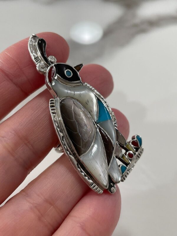 BEAUTIFUL 925 STERLING SILVER QUAIL RING CARVED MOTHER OF PEARL, TURQUOISE, CORAL, ONYX