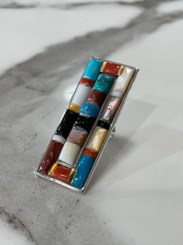 LARGE MULTI-STONE COLORBLOCK 925 STERLING SILVER RING TURQUOISE, CORAL, MOTHER OF PEARL, ONYX, SPINY OYSTER