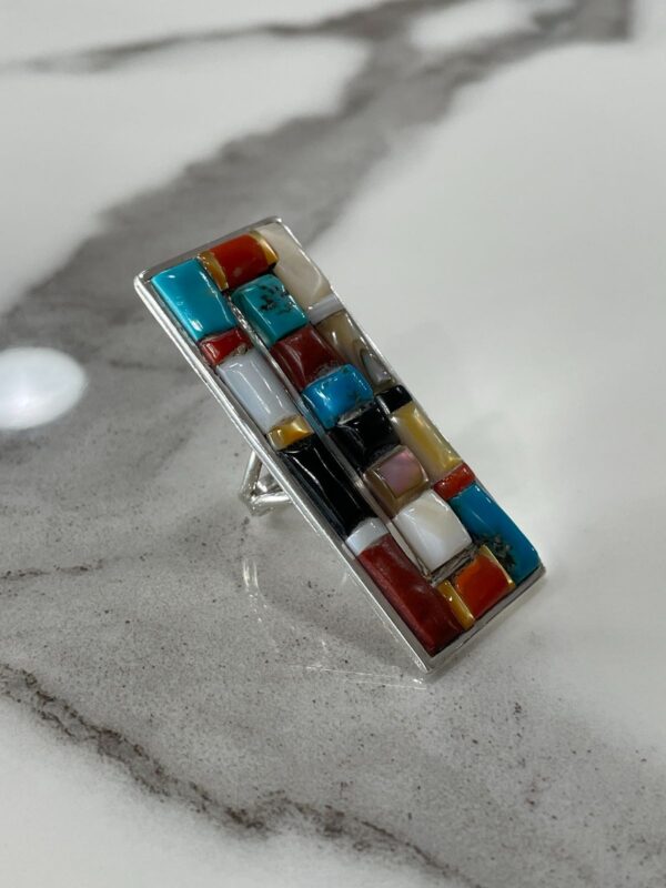 LARGE MULTI-STONE COLORBLOCK 925 STERLING SILVER RING TURQUOISE, CORAL, MOTHER OF PEARL, ONYX, SPINY OYSTER