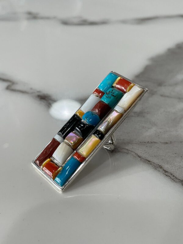 LARGE MULTI-STONE COLORBLOCK 925 STERLING SILVER RING TURQUOISE, CORAL, MOTHER OF PEARL, ONYX, SPINY OYSTER