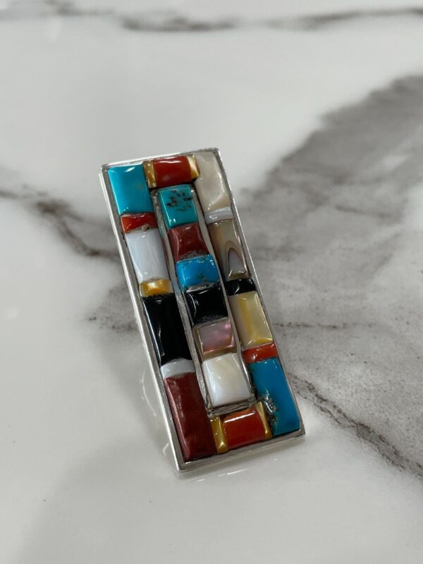 LARGE MULTI-STONE COLORBLOCK 925 STERLING SILVER RING TURQUOISE, CORAL, MOTHER OF PEARL, ONYX, SPINY OYSTER