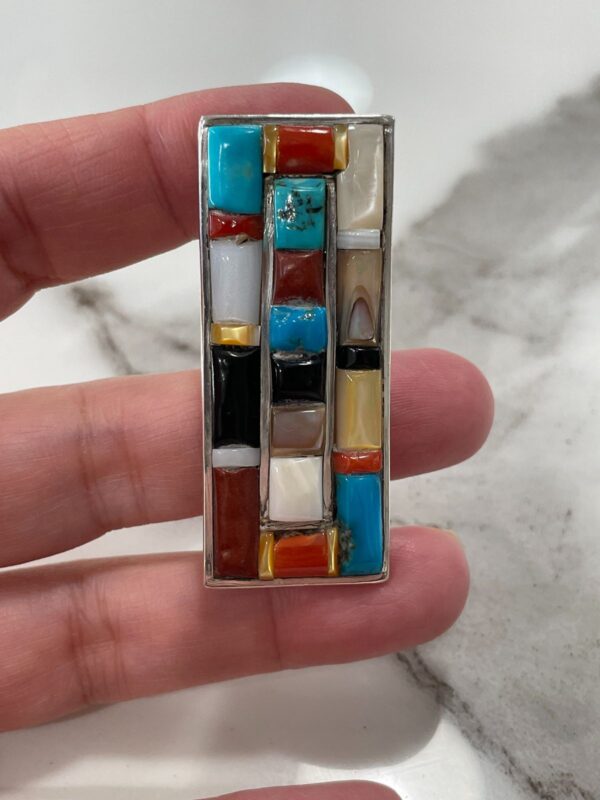 LARGE MULTI-STONE COLORBLOCK 925 STERLING SILVER RING TURQUOISE, CORAL, MOTHER OF PEARL, ONYX, SPINY OYSTER