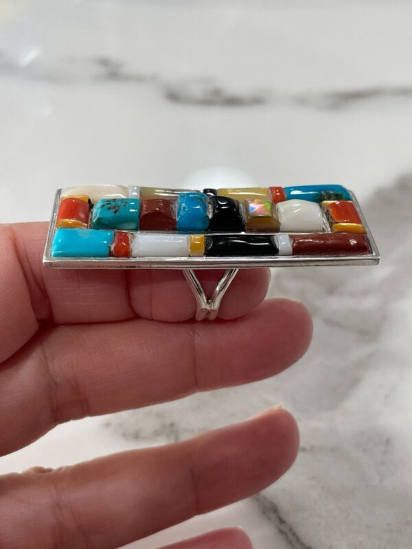 LARGE MULTI-STONE COLORBLOCK 925 STERLING SILVER RING TURQUOISE, CORAL, MOTHER OF PEARL, ONYX, SPINY OYSTER