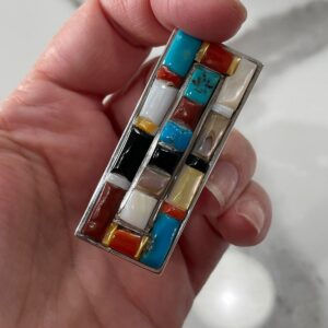 Photo detail:LARGE MULTI-STONE COLORBLOCK 925 STERLING SILVER RING TURQUOISE, CORAL, MOTHER OF PEARL, ONYX, SPINY OYSTER