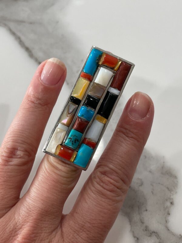 LARGE MULTI-STONE COLORBLOCK 925 STERLING SILVER RING TURQUOISE, CORAL, MOTHER OF PEARL, ONYX, SPINY OYSTER