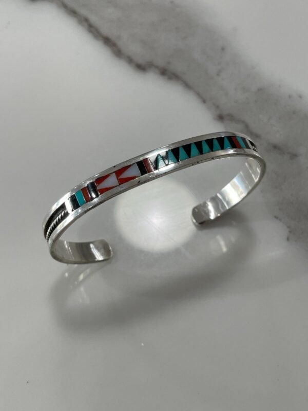 925 STERLING SILVER ZUNI MULTI-STONE INLAY BRACELET, SIGNED C. DISTA