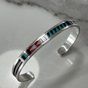 Photo detail:925 STERLING SILVER ZUNI MULTI-STONE INLAY BRACELET, SIGNED C. DISTA