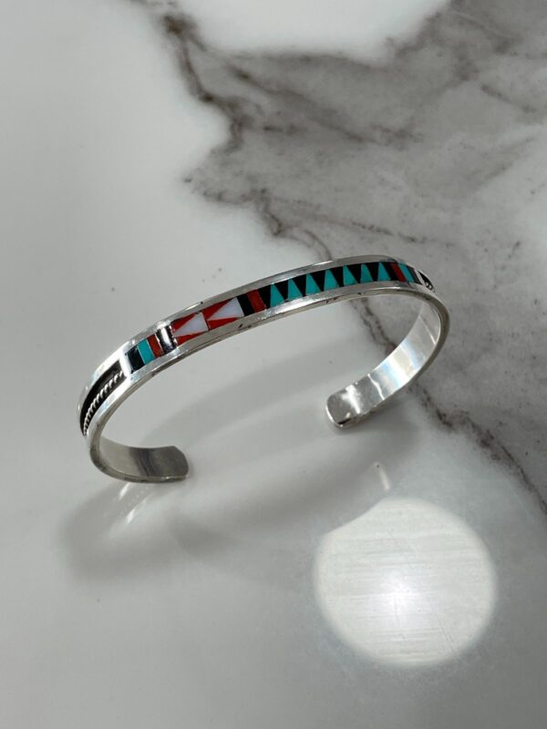 925 STERLING SILVER ZUNI MULTI-STONE INLAY BRACELET, SIGNED C. DISTA