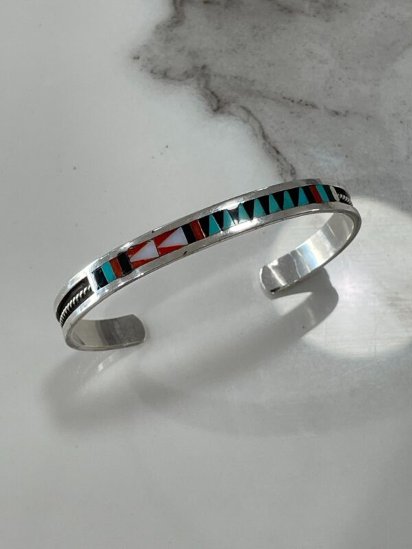 925 STERLING SILVER ZUNI MULTI-STONE INLAY BRACELET, SIGNED C. DISTA