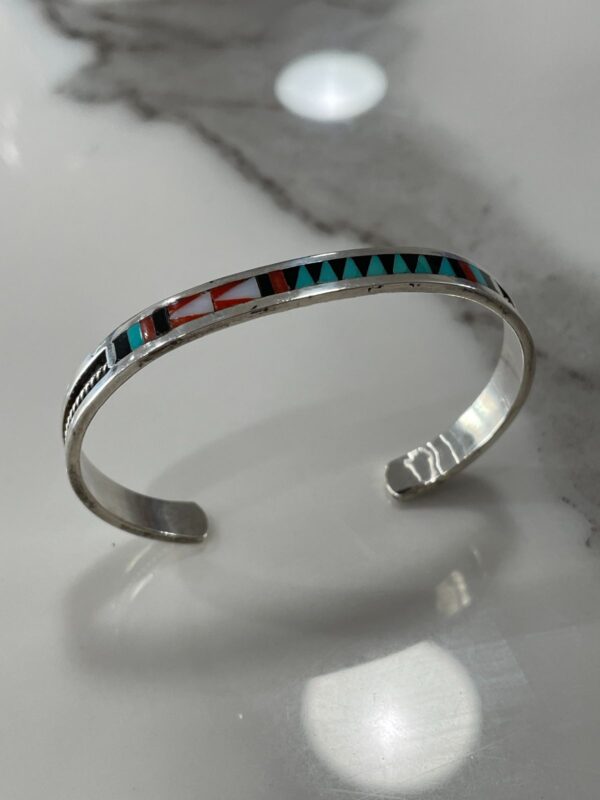 925 STERLING SILVER ZUNI MULTI-STONE INLAY BRACELET, SIGNED C. DISTA