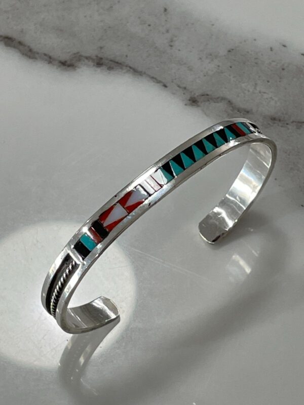 925 STERLING SILVER ZUNI MULTI-STONE INLAY BRACELET, SIGNED C. DISTA