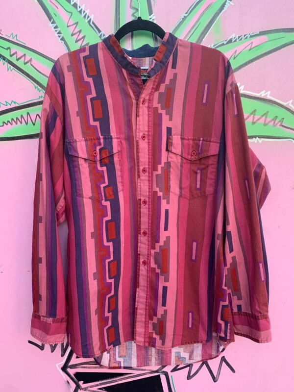 1990S AZTEC PRINT  MOCK COLLAR LONG SLEEVE BUTTON UP SHIRT