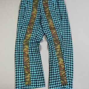 Photo detail:1990S CHUNKY WOVEN HOUNDSTOOTH & CAMO TAPING LIGHT FLARE TROUSERS