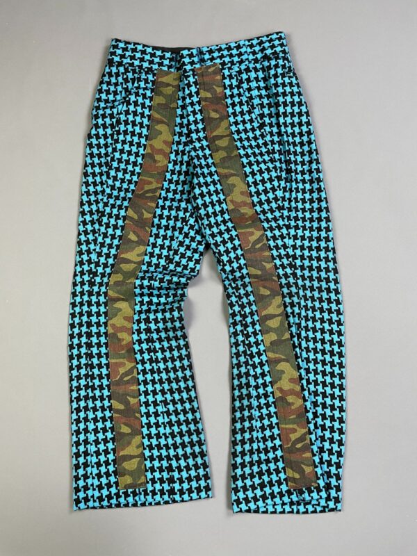 1990S CHUNKY WOVEN HOUNDSTOOTH & CAMO TAPING LIGHT FLARE TROUSERS