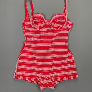 Photo detail:ADORABLE! 1960S HORIZONTAL STRIPE BOY SHORT ONE PIECE SWIMSUIT WIRE CUPS