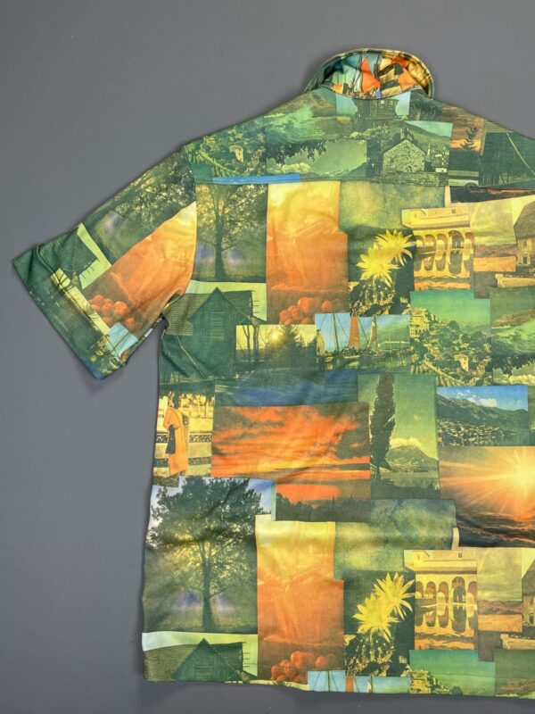 AMAZING! 1970S TRAVEL MONTAGE SHORT SLEEVE BUTTON DOWN PHOTO PICTURE SHIRT CUFFED SLEEVES