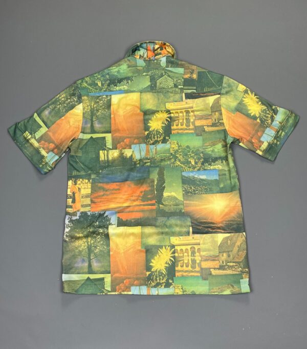 AMAZING! 1970S TRAVEL MONTAGE SHORT SLEEVE BUTTON DOWN PHOTO PICTURE SHIRT CUFFED SLEEVES