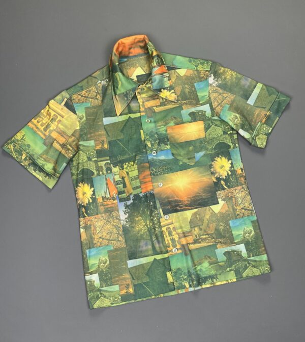 AMAZING! 1970S TRAVEL MONTAGE SHORT SLEEVE BUTTON DOWN PHOTO PICTURE SHIRT CUFFED SLEEVES