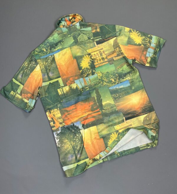 AMAZING! 1970S TRAVEL MONTAGE SHORT SLEEVE BUTTON DOWN PHOTO PICTURE SHIRT CUFFED SLEEVES