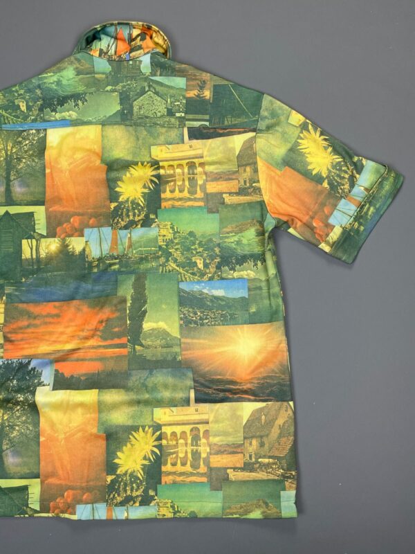 AMAZING! 1970S TRAVEL MONTAGE SHORT SLEEVE BUTTON DOWN PHOTO PICTURE SHIRT CUFFED SLEEVES