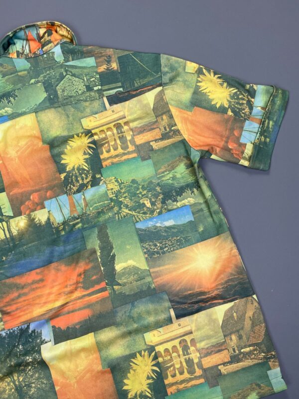 AMAZING! 1970S TRAVEL MONTAGE SHORT SLEEVE BUTTON DOWN PHOTO PICTURE SHIRT CUFFED SLEEVES