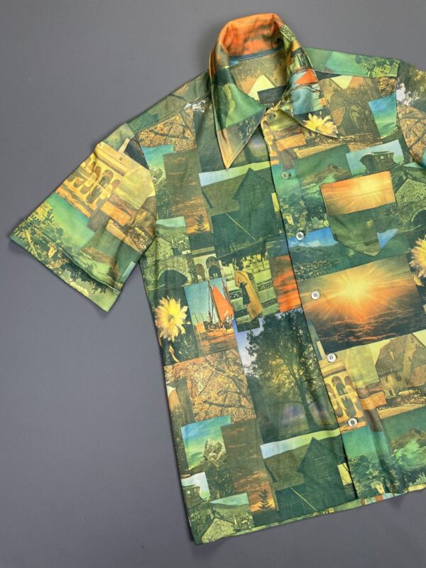 AMAZING! 1970S TRAVEL MONTAGE SHORT SLEEVE BUTTON DOWN PHOTO PICTURE SHIRT CUFFED SLEEVES