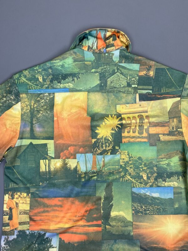 AMAZING! 1970S TRAVEL MONTAGE SHORT SLEEVE BUTTON DOWN PHOTO PICTURE SHIRT CUFFED SLEEVES