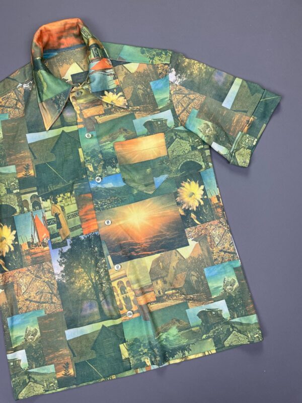 AMAZING! 1970S TRAVEL MONTAGE SHORT SLEEVE BUTTON DOWN PHOTO PICTURE SHIRT CUFFED SLEEVES