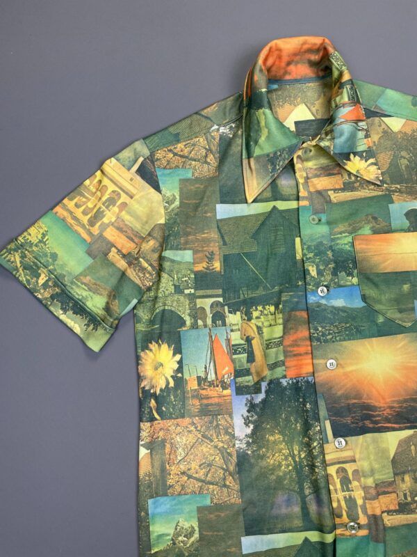 AMAZING! 1970S TRAVEL MONTAGE SHORT SLEEVE BUTTON DOWN PHOTO PICTURE SHIRT CUFFED SLEEVES