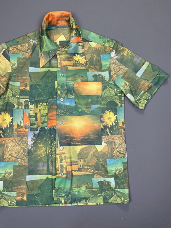 AMAZING! 1970S TRAVEL MONTAGE SHORT SLEEVE BUTTON DOWN PHOTO PICTURE SHIRT CUFFED SLEEVES