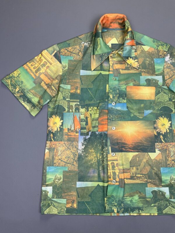 AMAZING! 1970S TRAVEL MONTAGE SHORT SLEEVE BUTTON DOWN PHOTO PICTURE SHIRT CUFFED SLEEVES