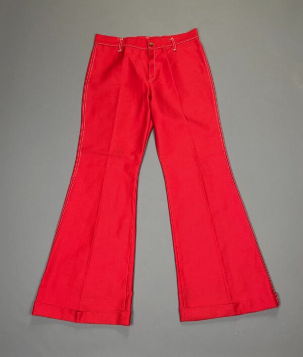 WOW! 1970S CHERRY RED LOW RISE BELL BOTTOM PANTS WHITE CONTRAST STITCHING