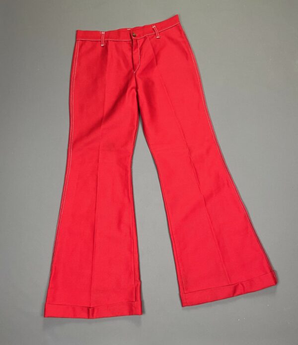 WOW! 1970S CHERRY RED LOW RISE BELL BOTTOM PANTS WHITE CONTRAST STITCHING