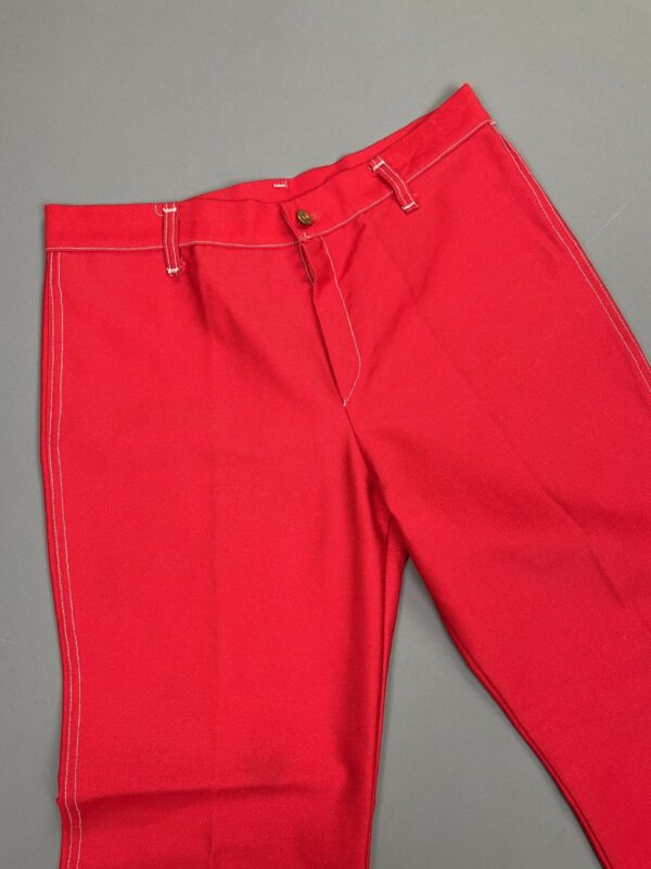 WOW! 1970S CHERRY RED LOW RISE BELL BOTTOM PANTS WHITE CONTRAST STITCHING