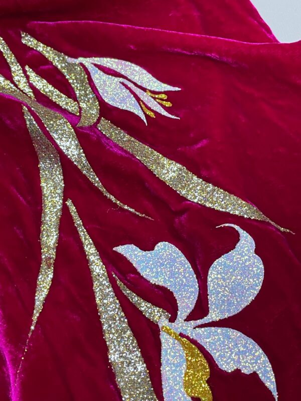 INSANE!!! 1970S PLUSH MAGENTA VELVET CHINOISERIE DRESS GLITTER FLORAL DESIGN & GOLD PIPING