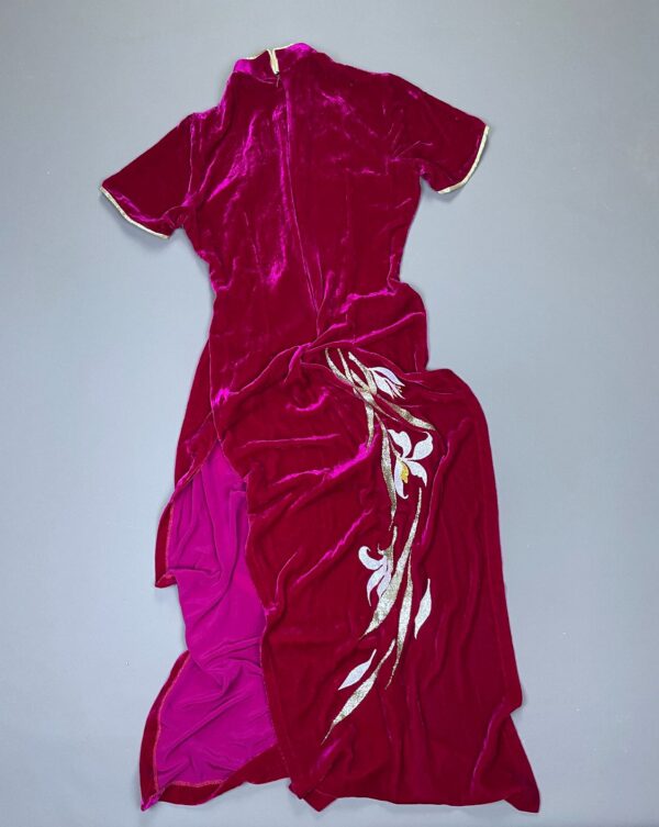 INSANE!!! 1970S PLUSH MAGENTA VELVET CHINOISERIE DRESS GLITTER FLORAL DESIGN & GOLD PIPING