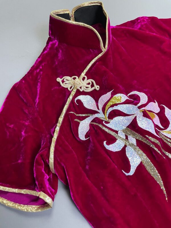 INSANE!!! 1970S PLUSH MAGENTA VELVET CHINOISERIE DRESS GLITTER FLORAL DESIGN & GOLD PIPING